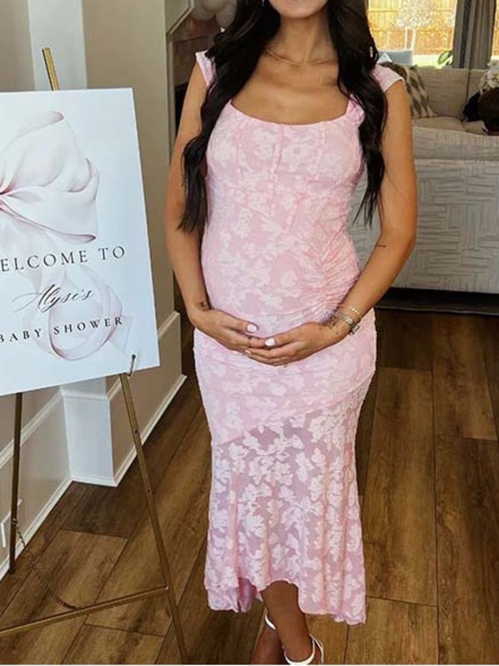 Momyknows Pink Lace Maternity Midi Dress